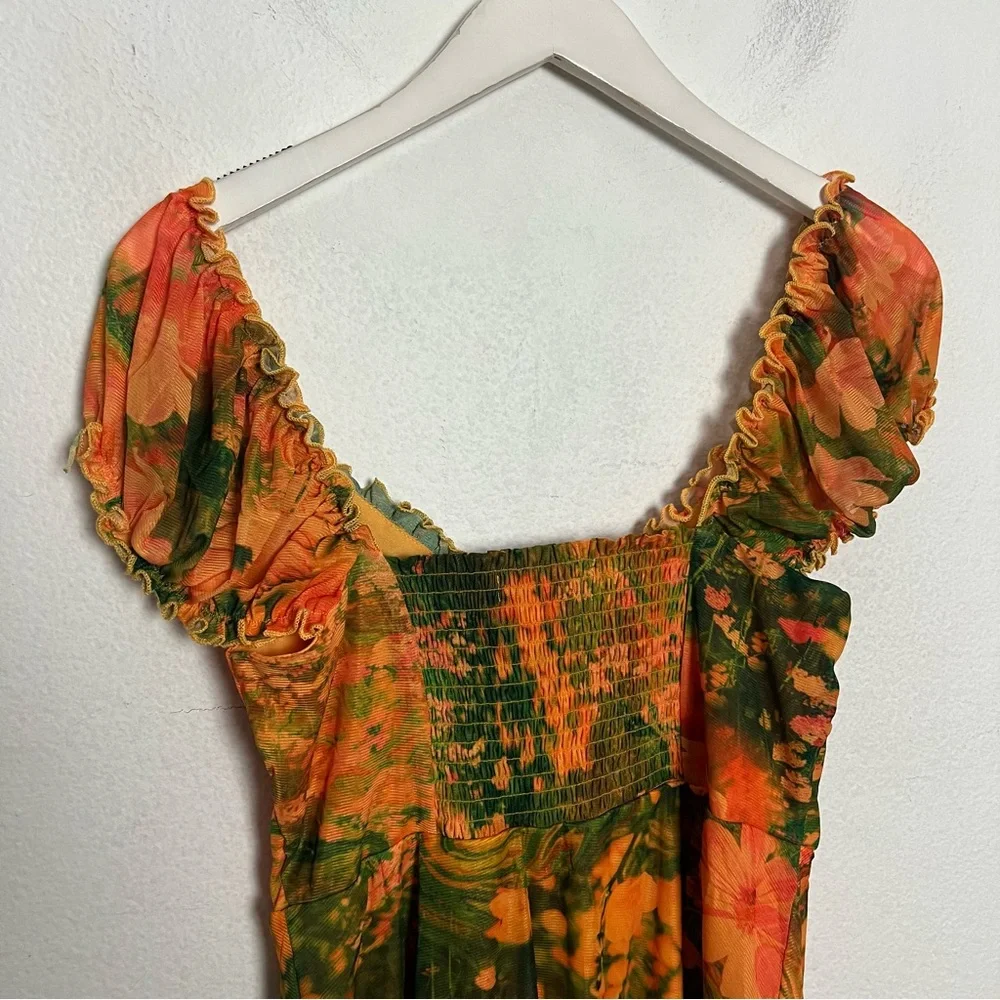 NEW Urban Outfitters Audrey Mesh Babydoll Mini Dress Size Medium Orange Green - Picture 9 of 9